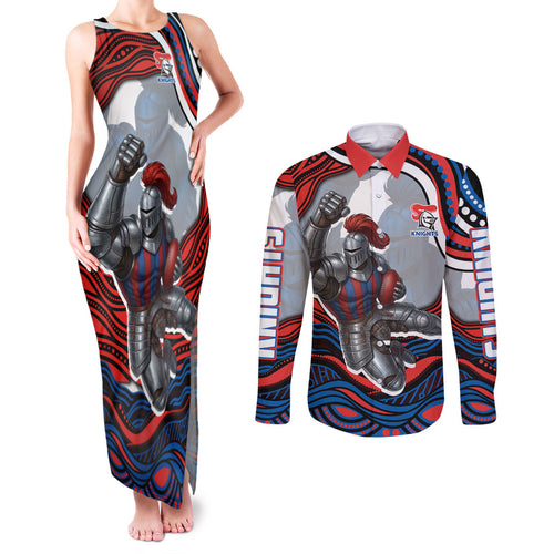 Personalized Newcastle Knights Couples Matching Tank Maxi Dress and Long Sleeve Button Shirt Aboriginal Dot Art - Dreamtime Rugby Mascot