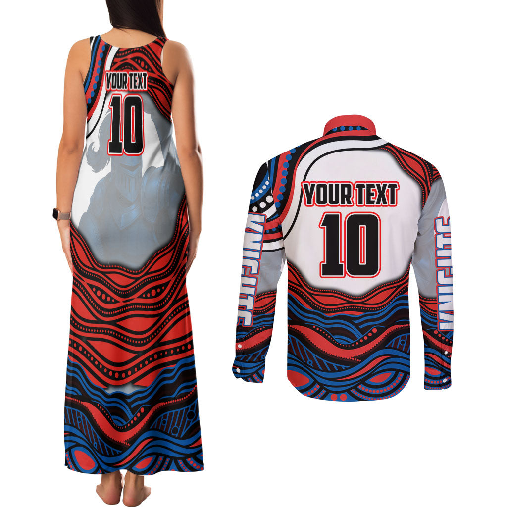 Personalized Newcastle Knights Couples Matching Tank Maxi Dress and Long Sleeve Button Shirt Aboriginal Dot Art - Dreamtime Rugby Mascot