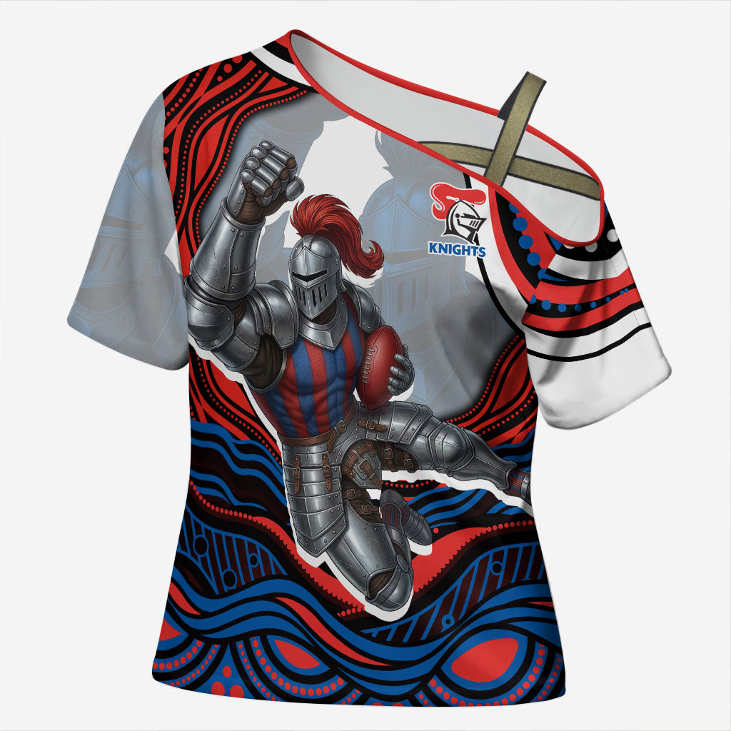 Personalized Newcastle Knights Cross Shoulder Shirt Aboriginal Dot Art - Dreamtime Rugby Mascot