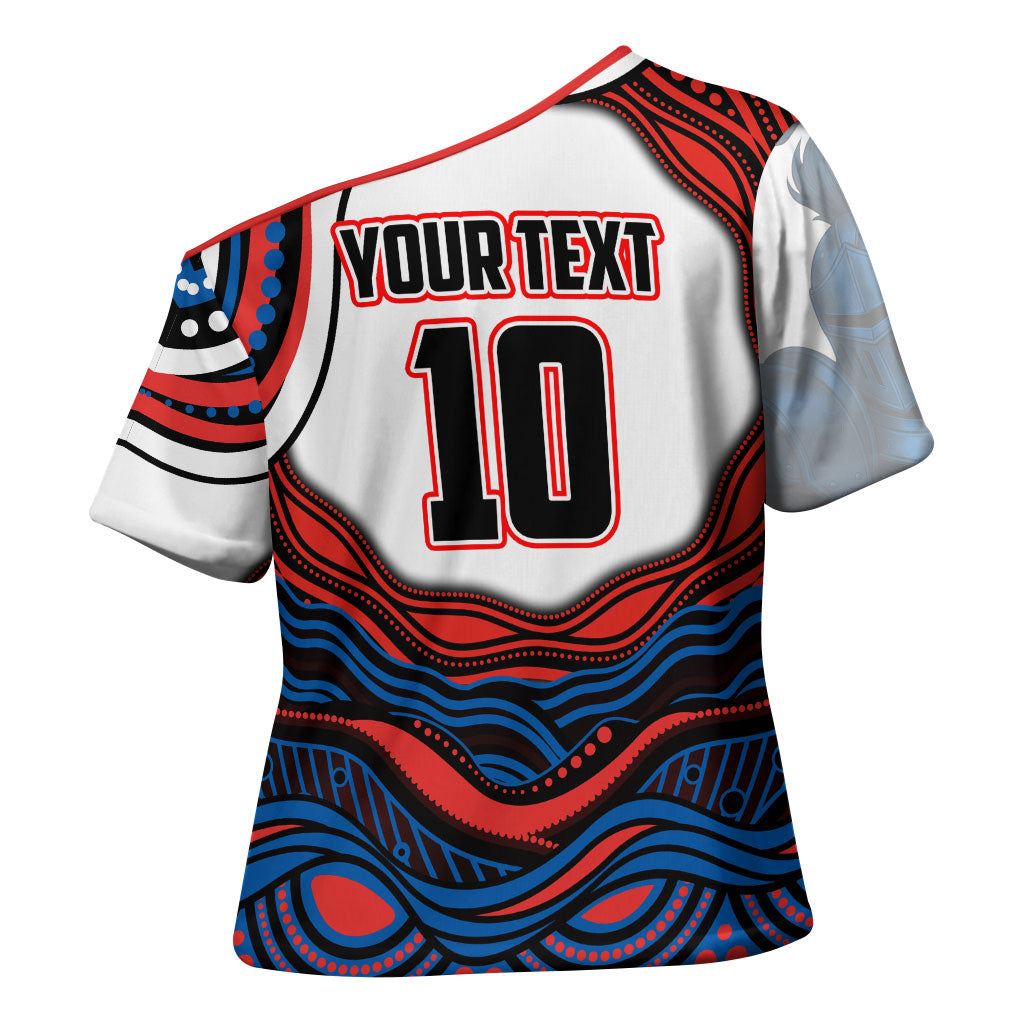 Personalized Newcastle Knights Cross Shoulder Shirt Aboriginal Dot Art - Dreamtime Rugby Mascot