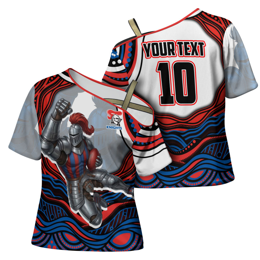 Personalized Newcastle Knights Cross Shoulder Shirt Aboriginal Dot Art - Dreamtime Rugby Mascot