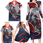 Personalized Newcastle Knights Family Matching Long Sleeve Bodycon Dress and Hawaiian Shirt Aboriginal Dot Art - Dreamtime Rugby Mascot