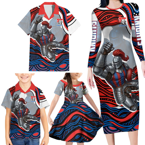 Personalized Newcastle Knights Family Matching Long Sleeve Bodycon Dress and Hawaiian Shirt Aboriginal Dot Art - Dreamtime Rugby Mascot
