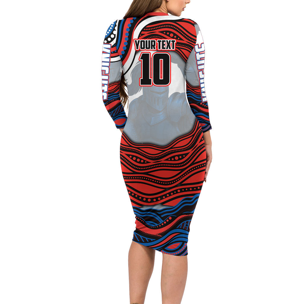 Personalized Newcastle Knights Family Matching Long Sleeve Bodycon Dress and Hawaiian Shirt Aboriginal Dot Art - Dreamtime Rugby Mascot