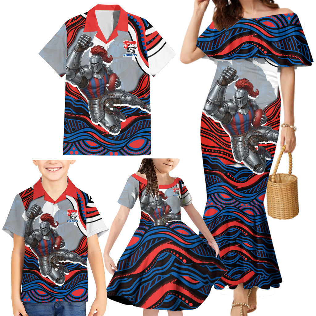Personalized Newcastle Knights Family Matching Mermaid Dress and Hawaiian Shirt Aboriginal Dot Art - Dreamtime Rugby Mascot
