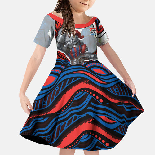Personalized Newcastle Knights Family Matching Mermaid Dress and Hawaiian Shirt Aboriginal Dot Art - Dreamtime Rugby Mascot