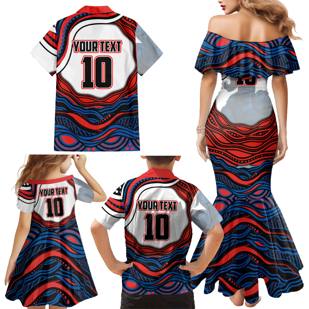 Personalized Newcastle Knights Family Matching Mermaid Dress and Hawaiian Shirt Aboriginal Dot Art - Dreamtime Rugby Mascot
