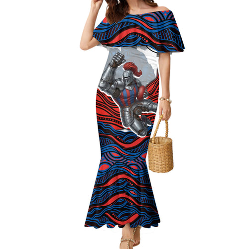 Personalized Newcastle Knights Family Matching Mermaid Dress and Hawaiian Shirt Aboriginal Dot Art - Dreamtime Rugby Mascot