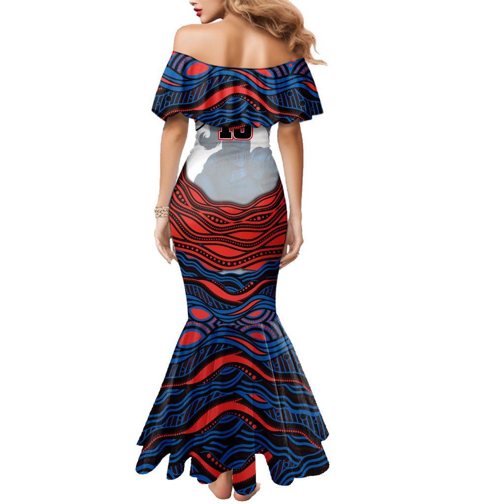 Personalized Newcastle Knights Family Matching Mermaid Dress and Hawaiian Shirt Aboriginal Dot Art - Dreamtime Rugby Mascot