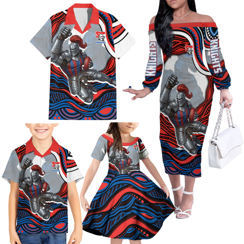 Personalized Newcastle Knights Family Matching Off The Shoulder Long Sleeve Dress and Hawaiian Shirt Aboriginal Dot Art - Dreamtime Rugby Mascot