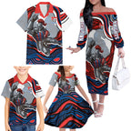 Personalized Newcastle Knights Family Matching Off The Shoulder Long Sleeve Dress and Hawaiian Shirt Aboriginal Dot Art - Dreamtime Rugby Mascot