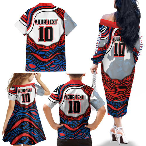 Personalized Newcastle Knights Family Matching Off The Shoulder Long Sleeve Dress and Hawaiian Shirt Aboriginal Dot Art - Dreamtime Rugby Mascot