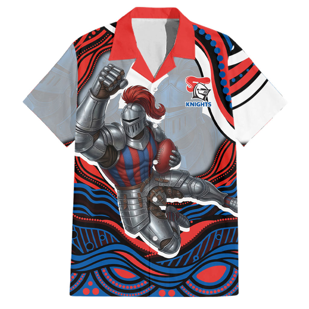 Personalized Newcastle Knights Family Matching Off The Shoulder Long Sleeve Dress and Hawaiian Shirt Aboriginal Dot Art - Dreamtime Rugby Mascot