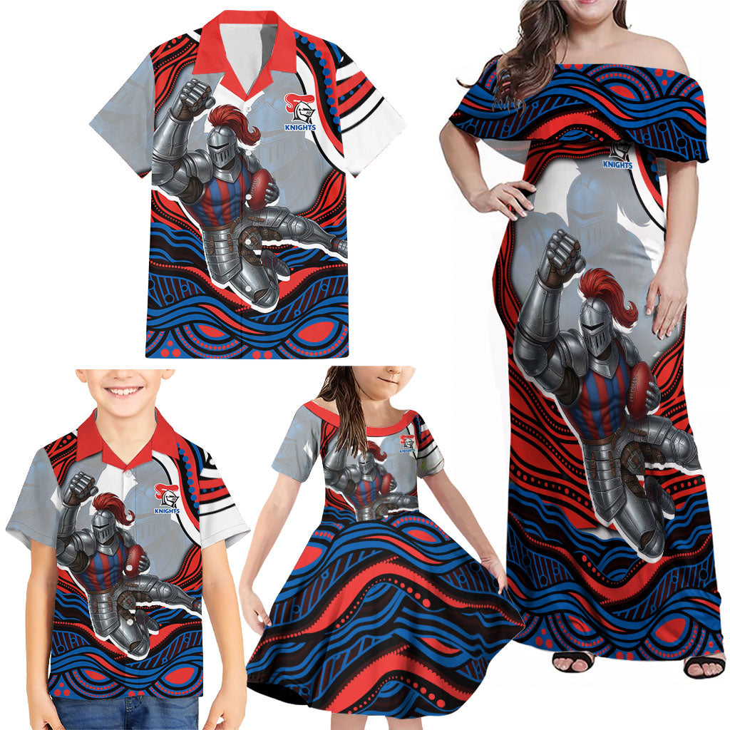 Personalized Newcastle Knights Family Matching Off Shoulder Maxi Dress and Hawaiian Shirt Aboriginal Dot Art - Dreamtime Rugby Mascot