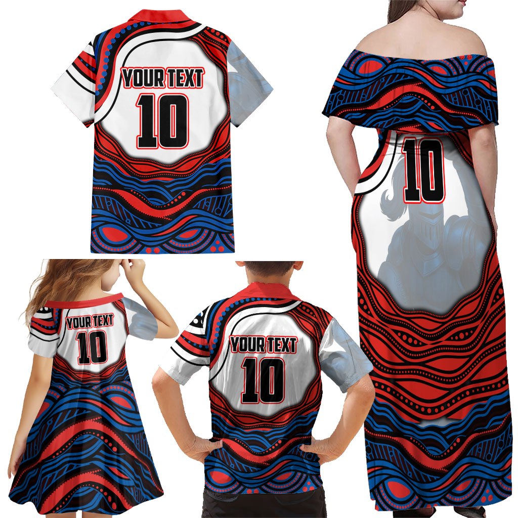 Personalized Newcastle Knights Family Matching Off Shoulder Maxi Dress and Hawaiian Shirt Aboriginal Dot Art - Dreamtime Rugby Mascot