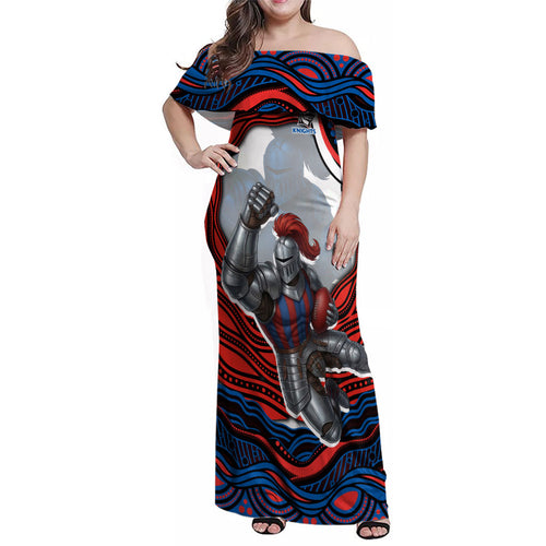 Personalized Newcastle Knights Family Matching Off Shoulder Maxi Dress and Hawaiian Shirt Aboriginal Dot Art - Dreamtime Rugby Mascot