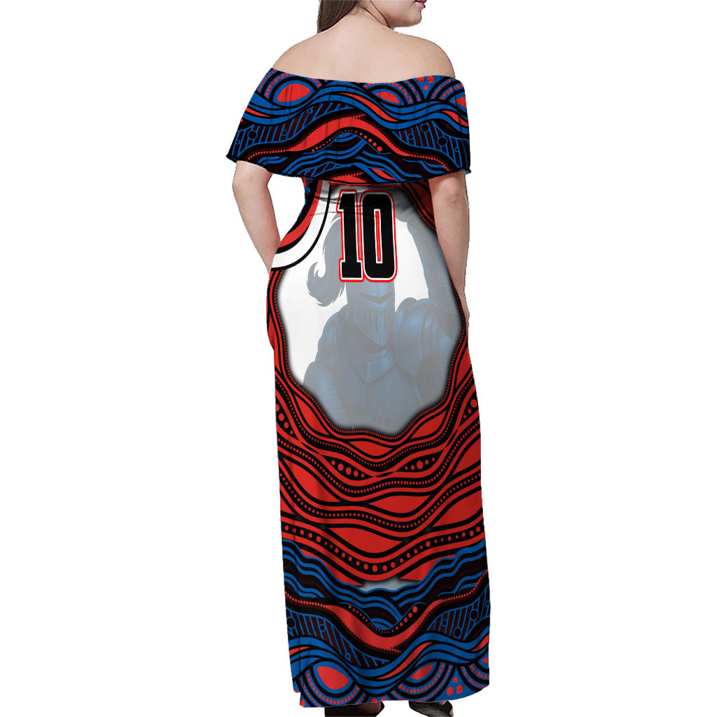 Personalized Newcastle Knights Family Matching Off Shoulder Maxi Dress and Hawaiian Shirt Aboriginal Dot Art - Dreamtime Rugby Mascot