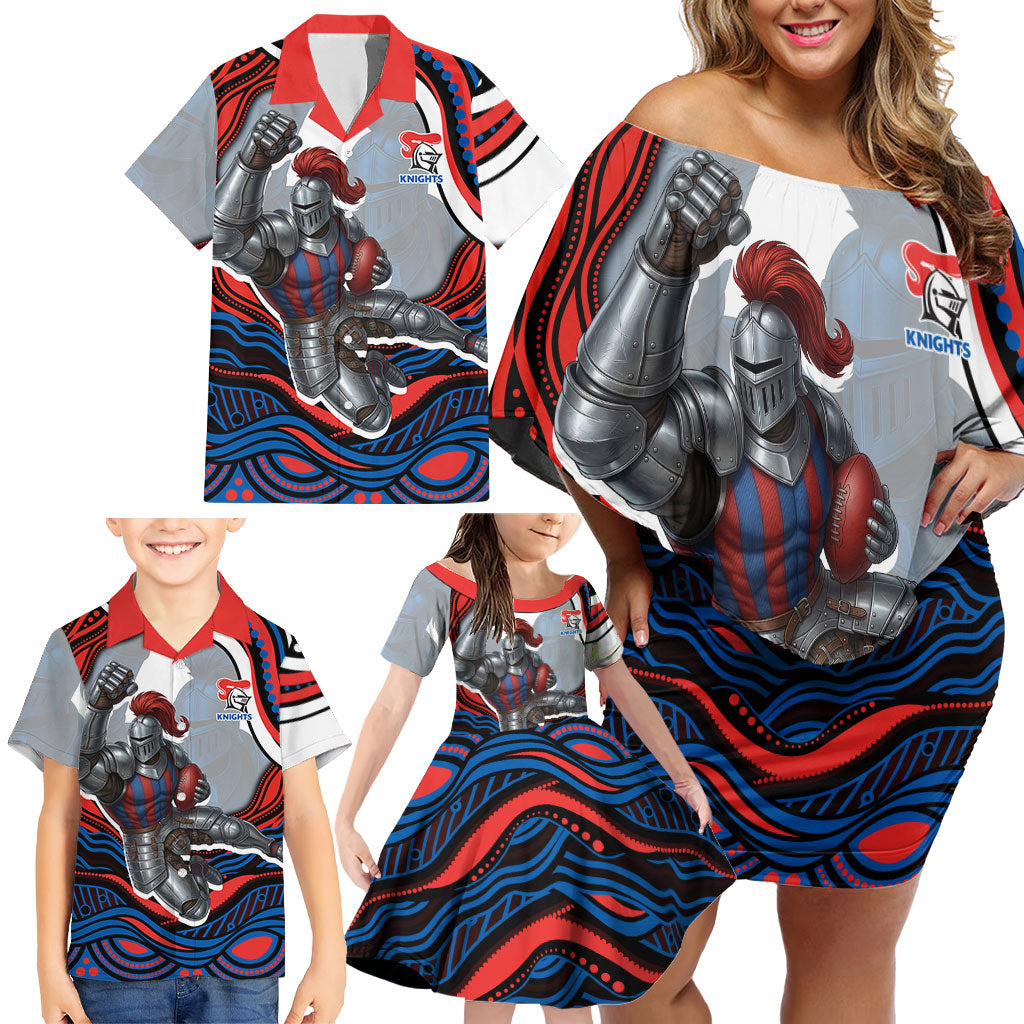 Personalized Newcastle Knights Family Matching Off Shoulder Short Dress and Hawaiian Shirt Aboriginal Dot Art - Dreamtime Rugby Mascot