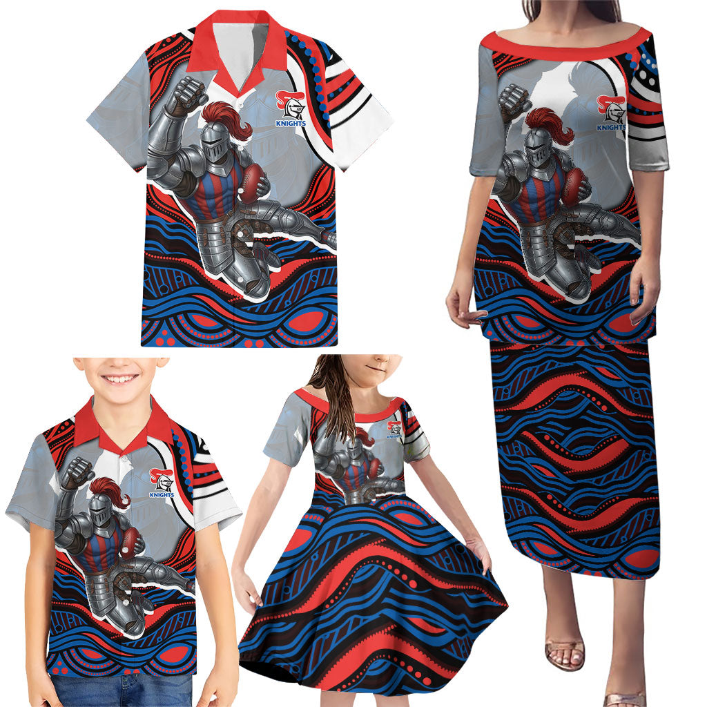 Personalized Newcastle Knights Family Matching Puletasi and Hawaiian Shirt Aboriginal Dot Art - Dreamtime Rugby Mascot