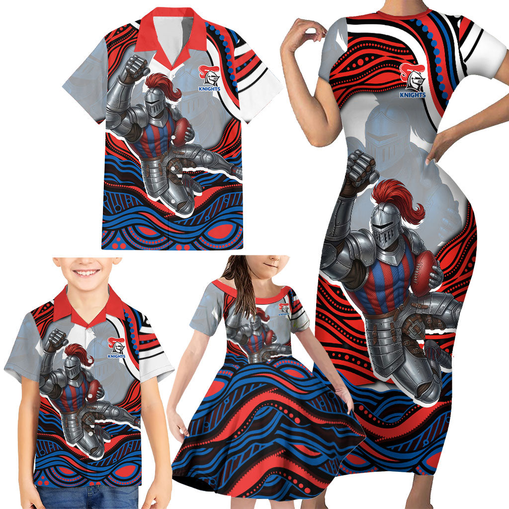 Personalized Newcastle Knights Family Matching Short Sleeve Bodycon Dress and Hawaiian Shirt Aboriginal Dot Art - Dreamtime Rugby Mascot