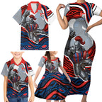 Personalized Newcastle Knights Family Matching Short Sleeve Bodycon Dress and Hawaiian Shirt Aboriginal Dot Art - Dreamtime Rugby Mascot