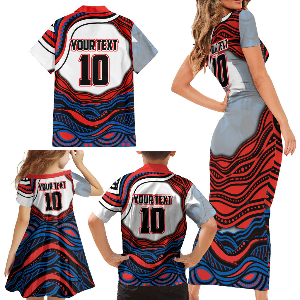 Personalized Newcastle Knights Family Matching Short Sleeve Bodycon Dress and Hawaiian Shirt Aboriginal Dot Art - Dreamtime Rugby Mascot