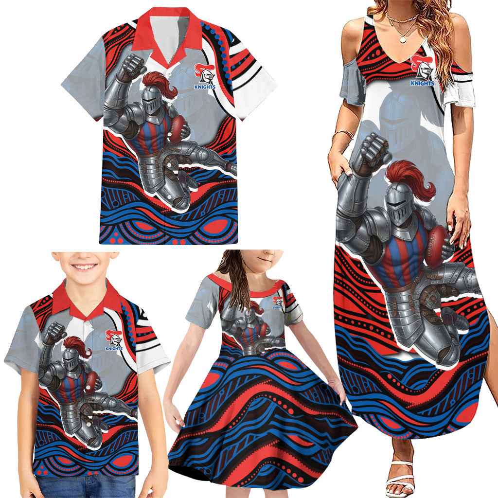 Personalized Newcastle Knights Family Matching Summer Maxi Dress and Hawaiian Shirt Aboriginal Dot Art - Dreamtime Rugby Mascot
