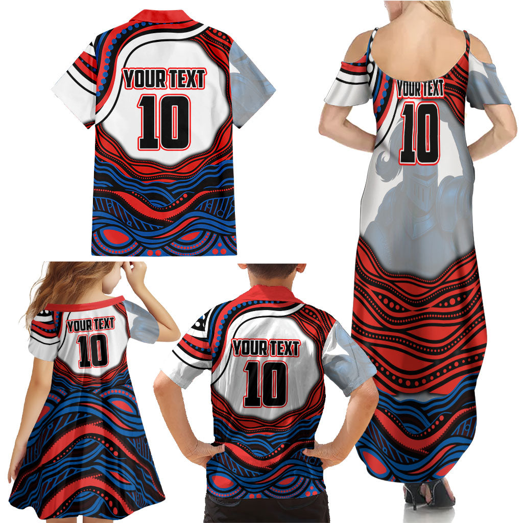 Personalized Newcastle Knights Family Matching Summer Maxi Dress and Hawaiian Shirt Aboriginal Dot Art - Dreamtime Rugby Mascot
