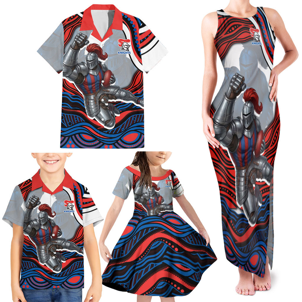 Personalized Newcastle Knights Family Matching Tank Maxi Dress and Hawaiian Shirt Aboriginal Dot Art - Dreamtime Rugby Mascot