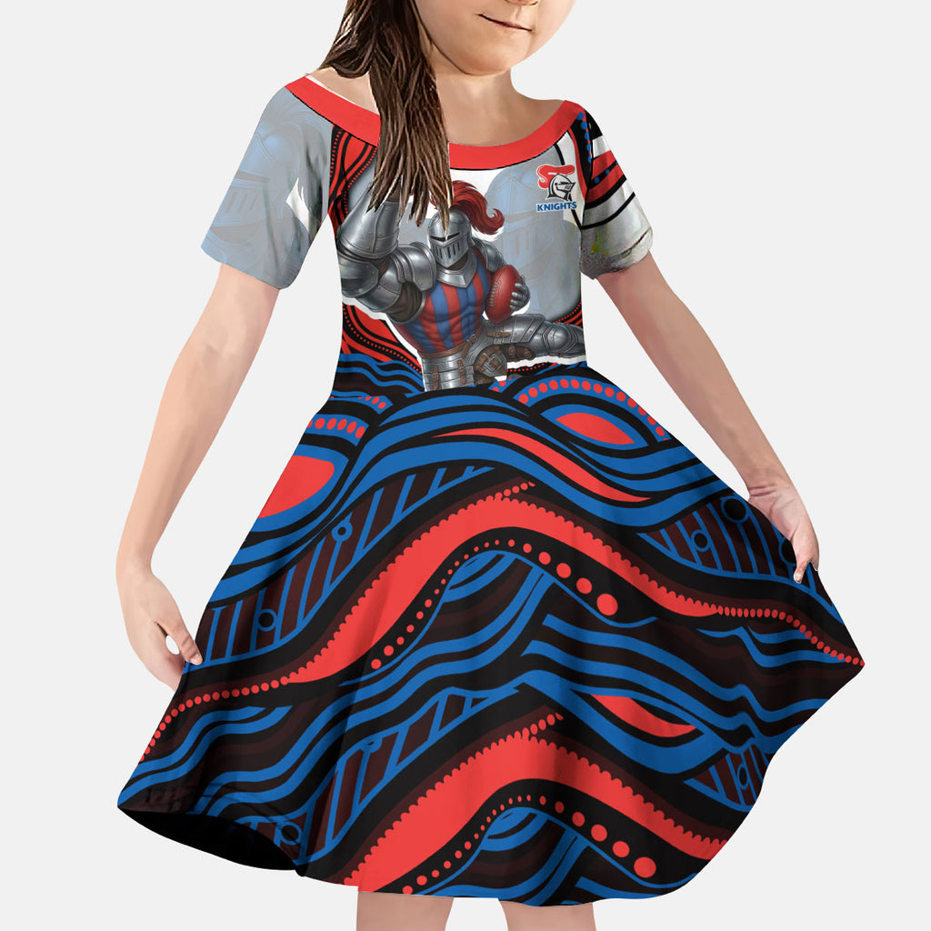 Personalized Newcastle Knights Kid Short Sleeve Dress Aboriginal Dot Art - Dreamtime Rugby Mascot