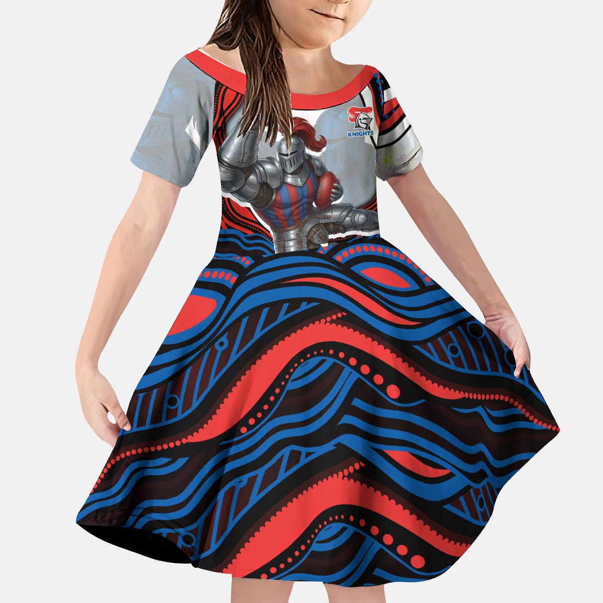 Personalized Newcastle Knights Kid Short Sleeve Dress Aboriginal Dot Art - Dreamtime Rugby Mascot