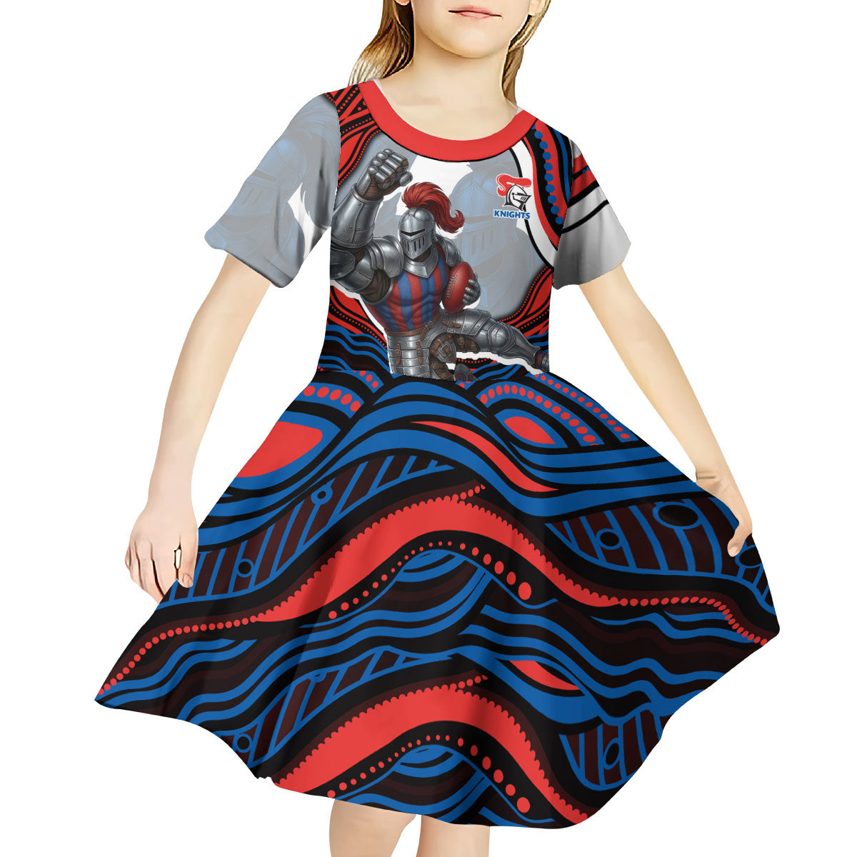 Personalized Newcastle Knights Kid Short Sleeve Dress Aboriginal Dot Art - Dreamtime Rugby Mascot