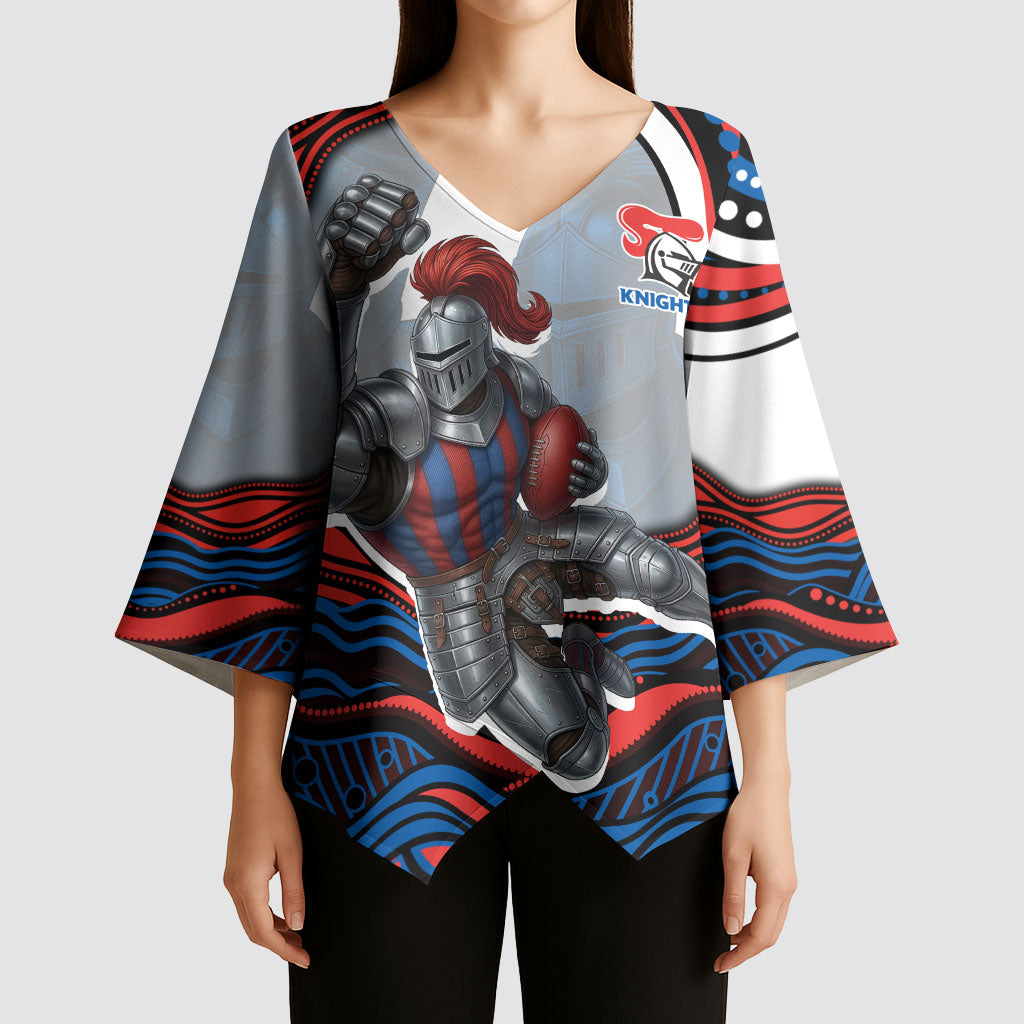 Personalized Newcastle Knights Kimono Sleeve Blouse Aboriginal Dot Art - Dreamtime Rugby Mascot