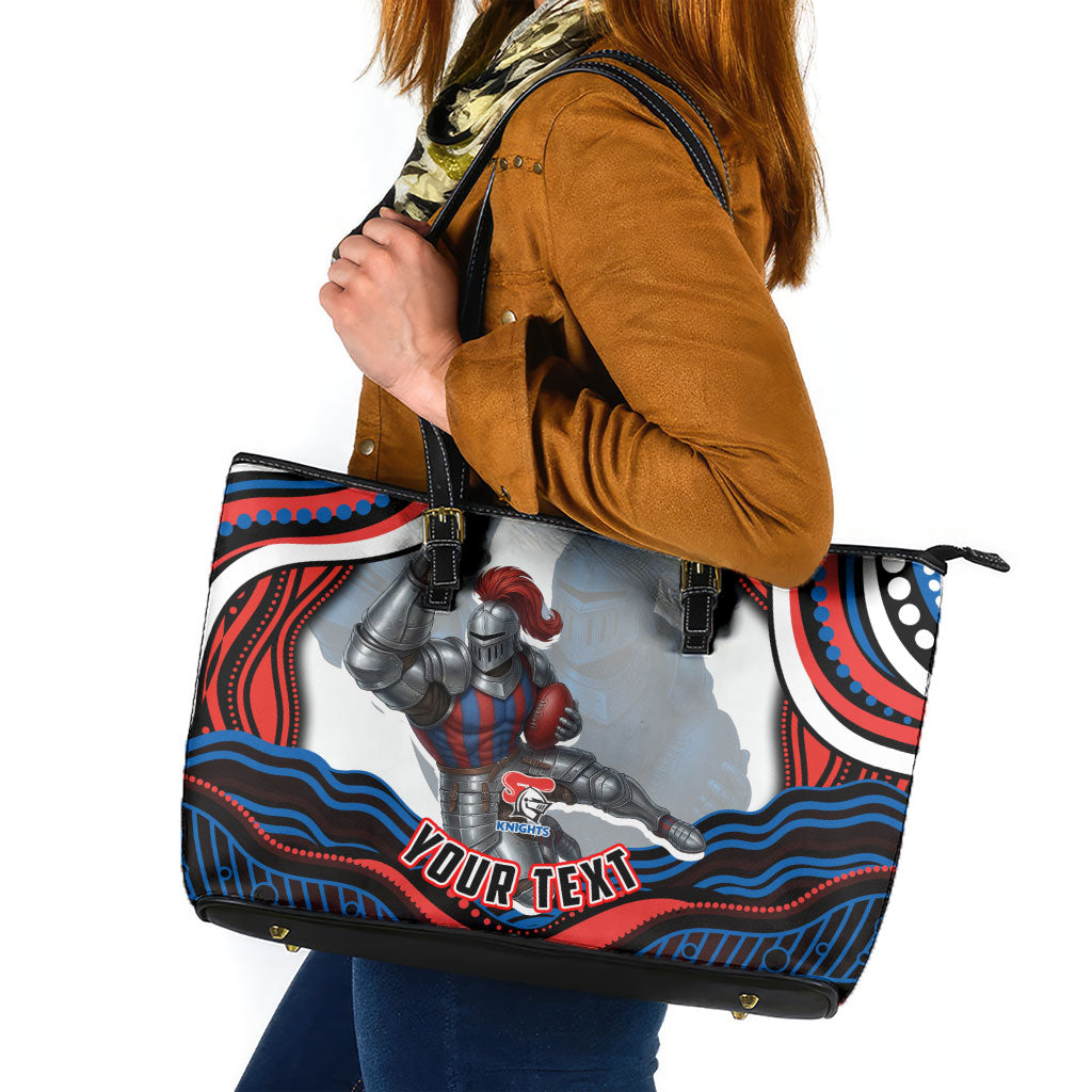 Personalized Newcastle Knights Leather Tote Bag Aboriginal Dot Art - Dreamtime Rugby Mascot