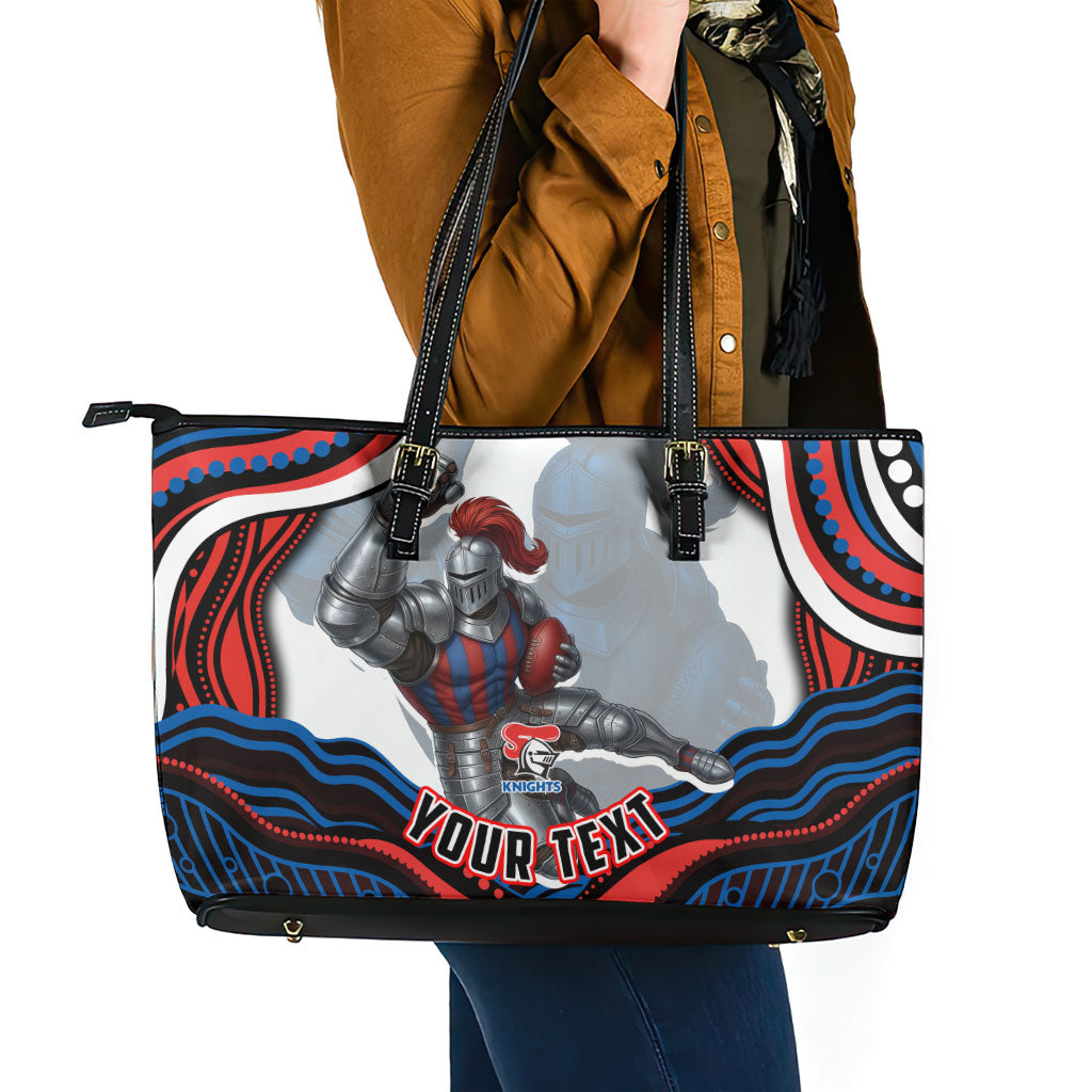 Personalized Newcastle Knights Leather Tote Bag Aboriginal Dot Art - Dreamtime Rugby Mascot