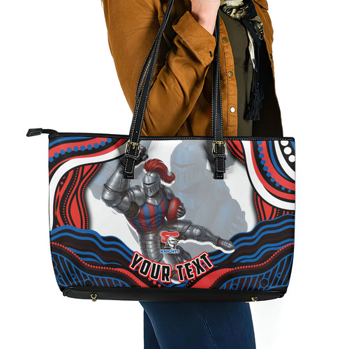 Personalized Newcastle Knights Leather Tote Bag Aboriginal Dot Art - Dreamtime Rugby Mascot