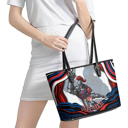 Personalized Newcastle Knights Leather Tote Bag Aboriginal Dot Art - Dreamtime Rugby Mascot