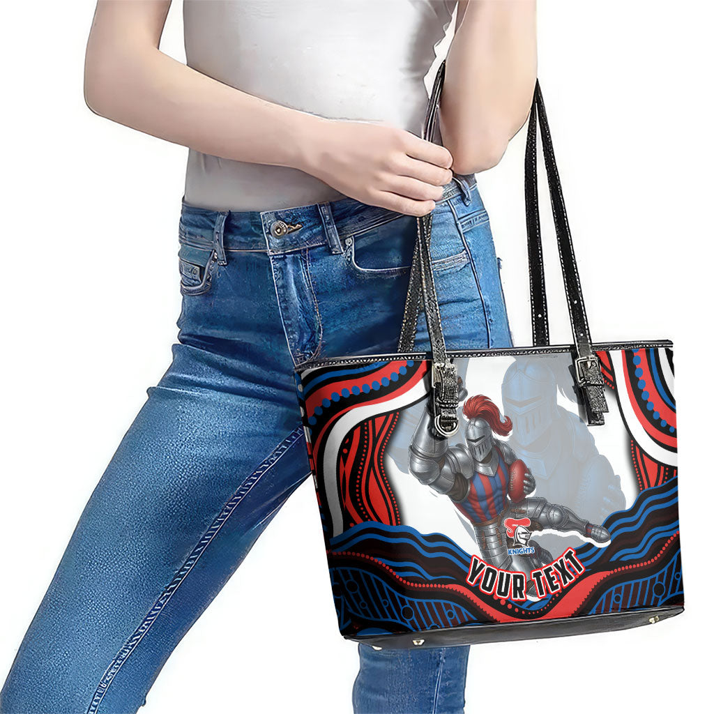 Personalized Newcastle Knights Leather Tote Bag Aboriginal Dot Art - Dreamtime Rugby Mascot