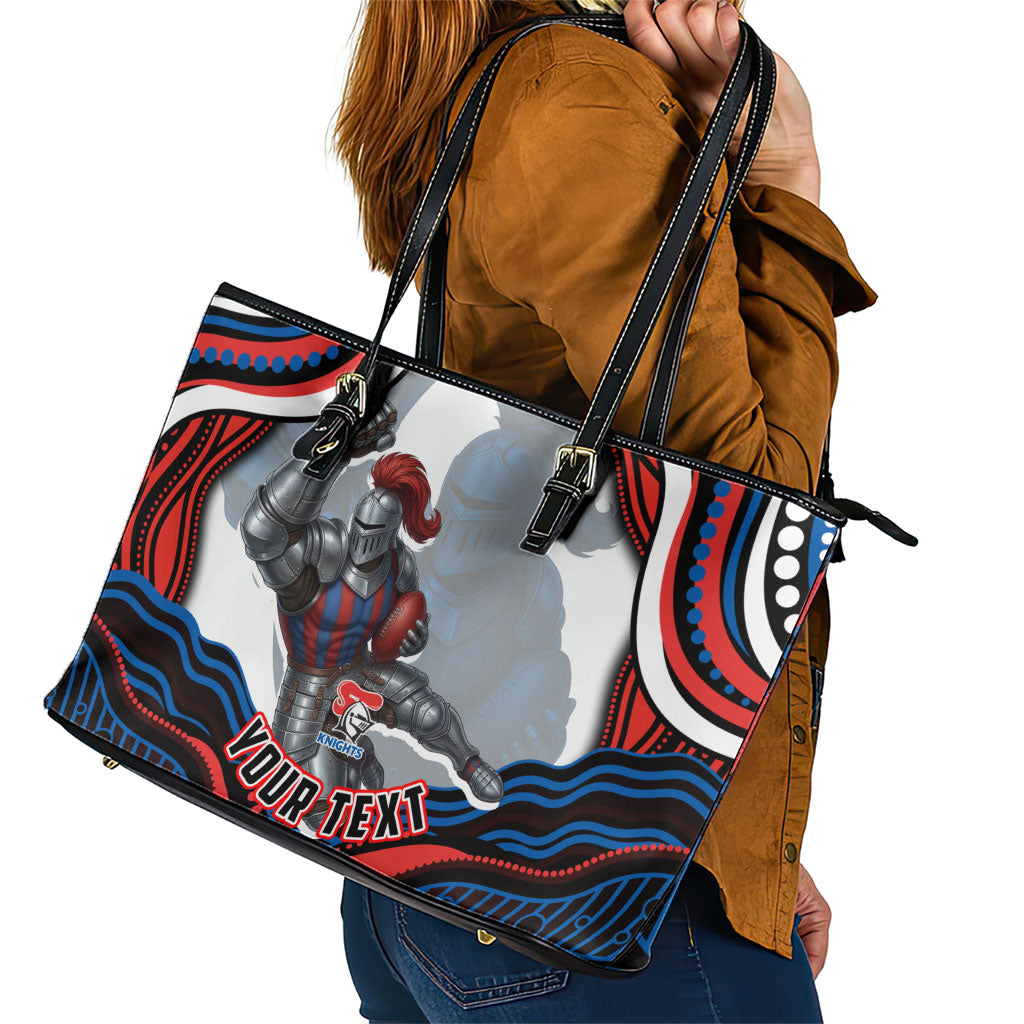 Personalized Newcastle Knights Leather Tote Bag Aboriginal Dot Art - Dreamtime Rugby Mascot