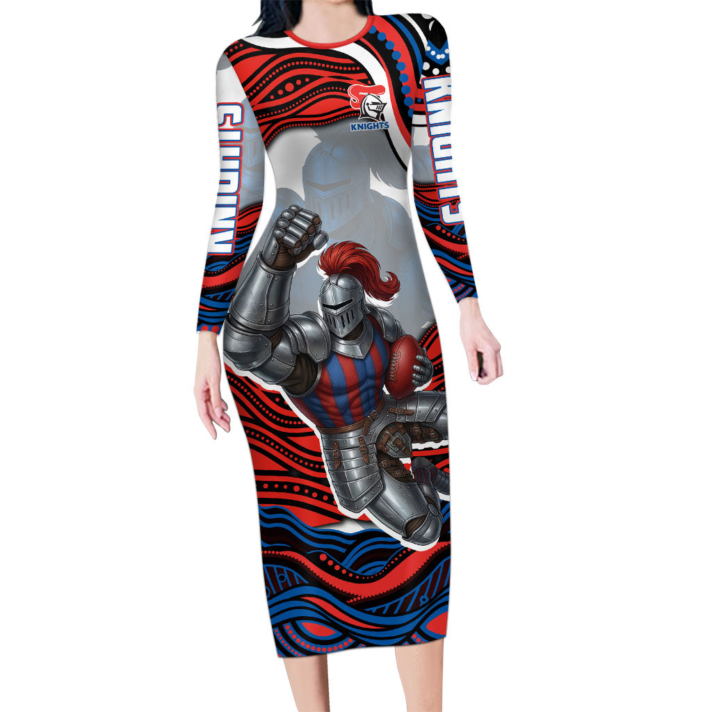 Personalized Newcastle Knights Long Sleeve Bodycon Dress Aboriginal Dot Art - Dreamtime Rugby Mascot