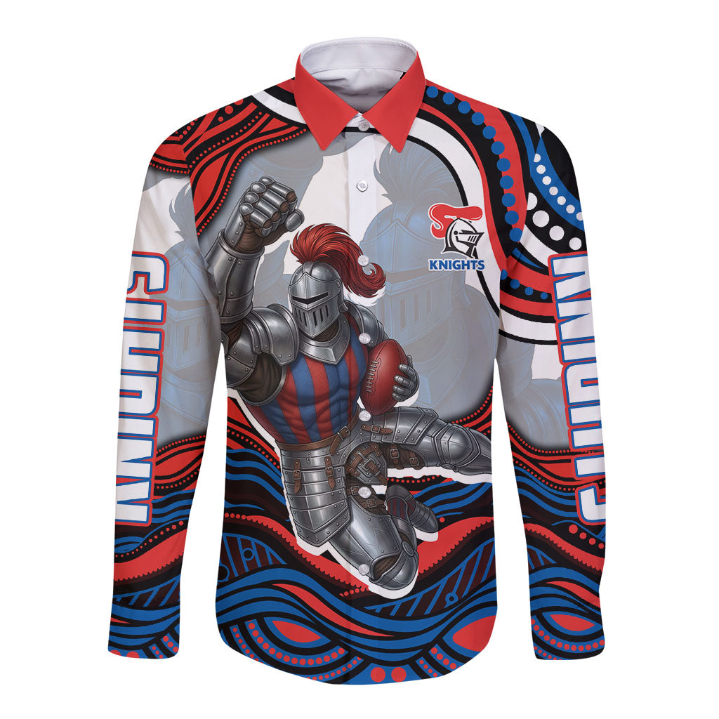 Personalized Newcastle Knights Long Sleeve Button Shirt Aboriginal Dot Art - Dreamtime Rugby Mascot