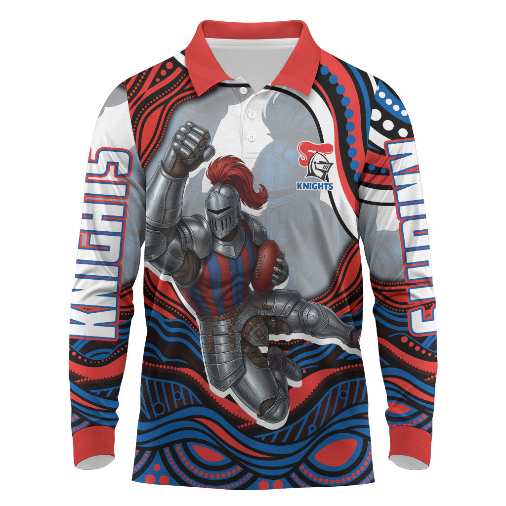 Personalized Newcastle Knights Long Sleeve Polo Shirt Aboriginal Dot Art - Dreamtime Rugby Mascot