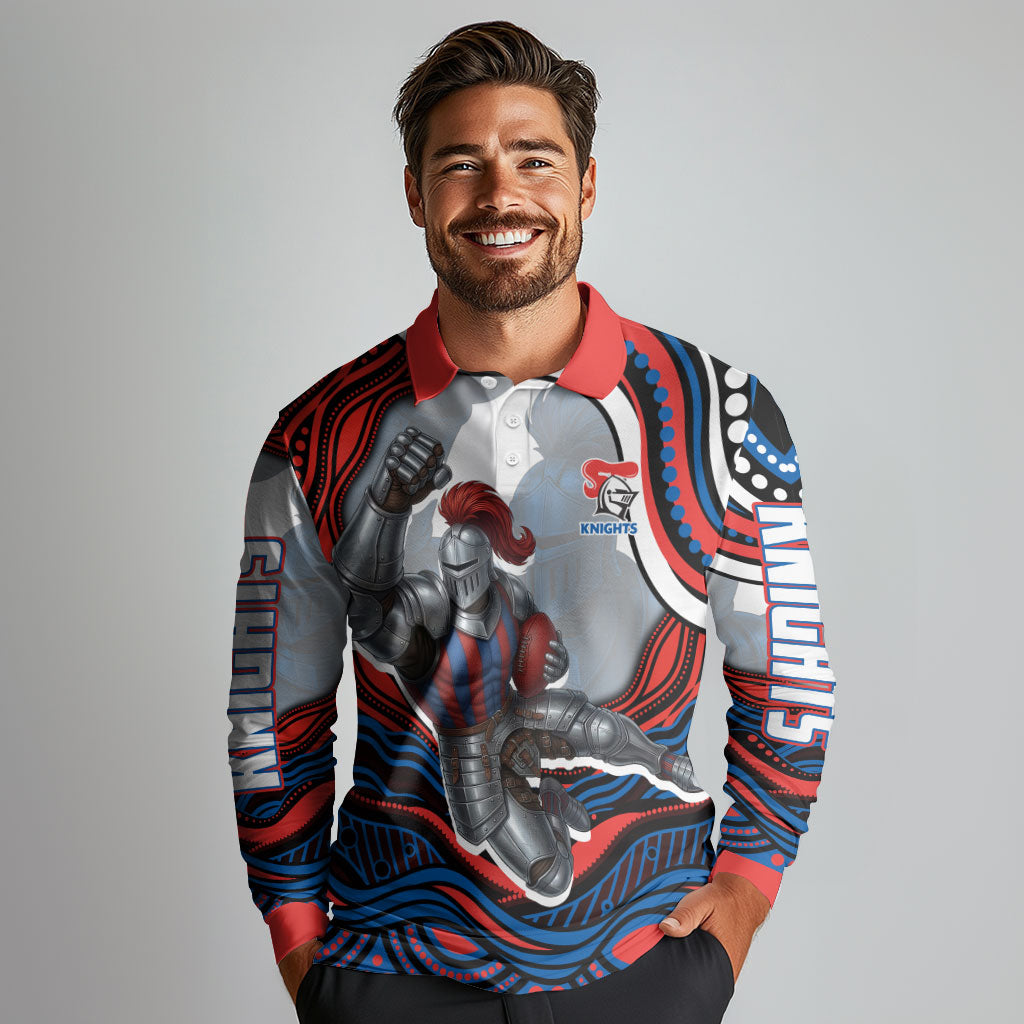 Personalized Newcastle Knights Long Sleeve Polo Shirt Aboriginal Dot Art - Dreamtime Rugby Mascot