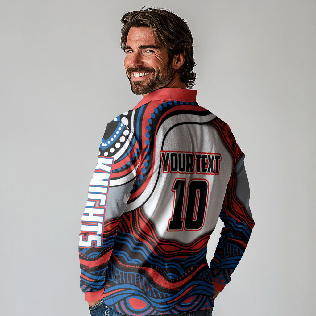 Personalized Newcastle Knights Long Sleeve Polo Shirt Aboriginal Dot Art - Dreamtime Rugby Mascot