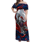 Personalized Newcastle Knights Off Shoulder Maxi Dress Aboriginal Dot Art - Dreamtime Rugby Mascot