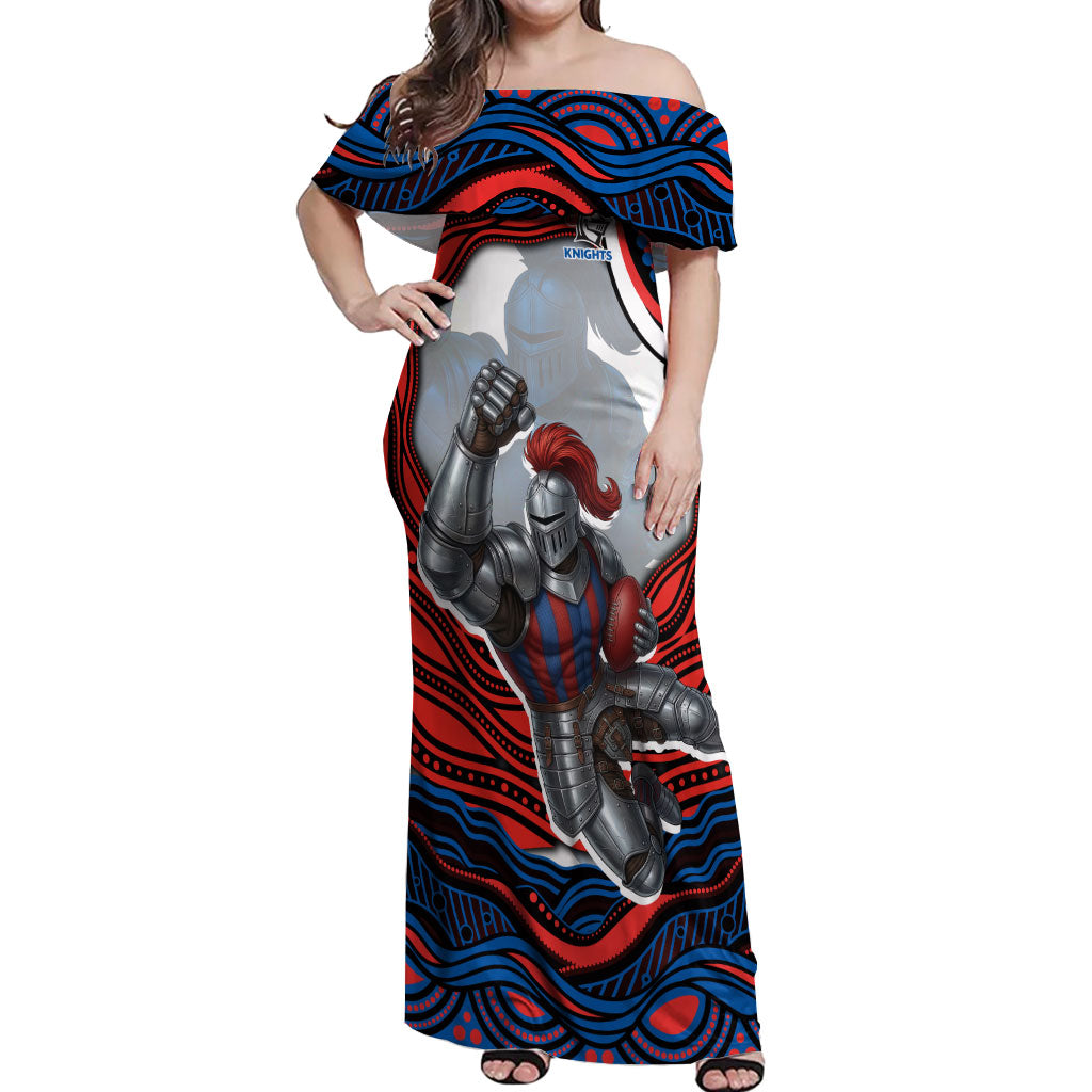 Personalized Newcastle Knights Off Shoulder Maxi Dress Aboriginal Dot Art - Dreamtime Rugby Mascot