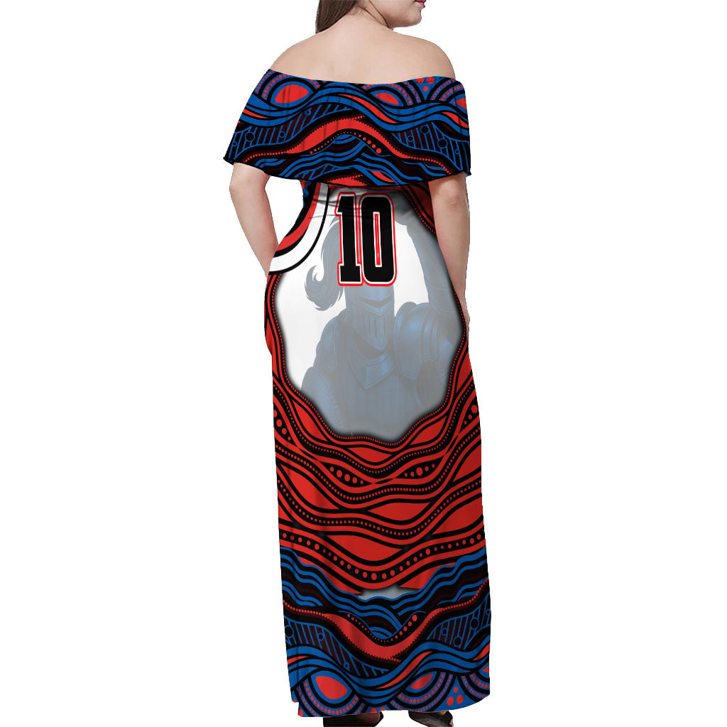 Personalized Newcastle Knights Off Shoulder Maxi Dress Aboriginal Dot Art - Dreamtime Rugby Mascot