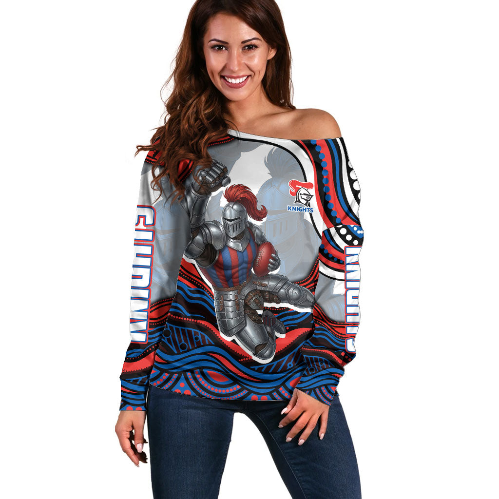 Personalized Newcastle Knights Off Shoulder Sweater Aboriginal Dot Art - Dreamtime Rugby Mascot