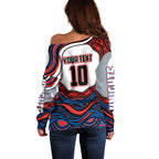 Personalized Newcastle Knights Off Shoulder Sweater Aboriginal Dot Art - Dreamtime Rugby Mascot