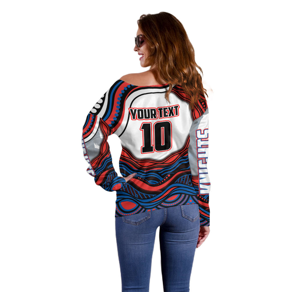 Personalized Newcastle Knights Off Shoulder Sweater Aboriginal Dot Art - Dreamtime Rugby Mascot